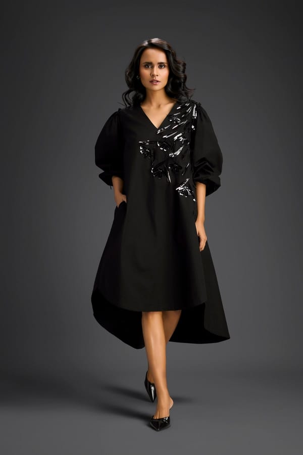 Black Embellished Puff Sleeve High-Low Midi Dress — Deepika Arora