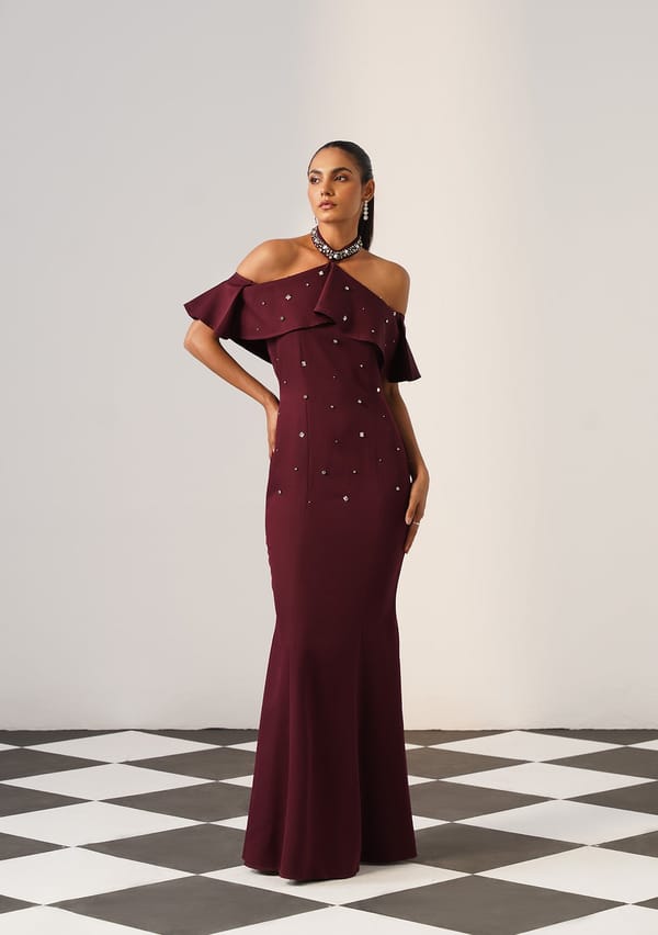 Burgundy Rhinestone Halter Neck Off-Shoulder Gown — AMOSHI