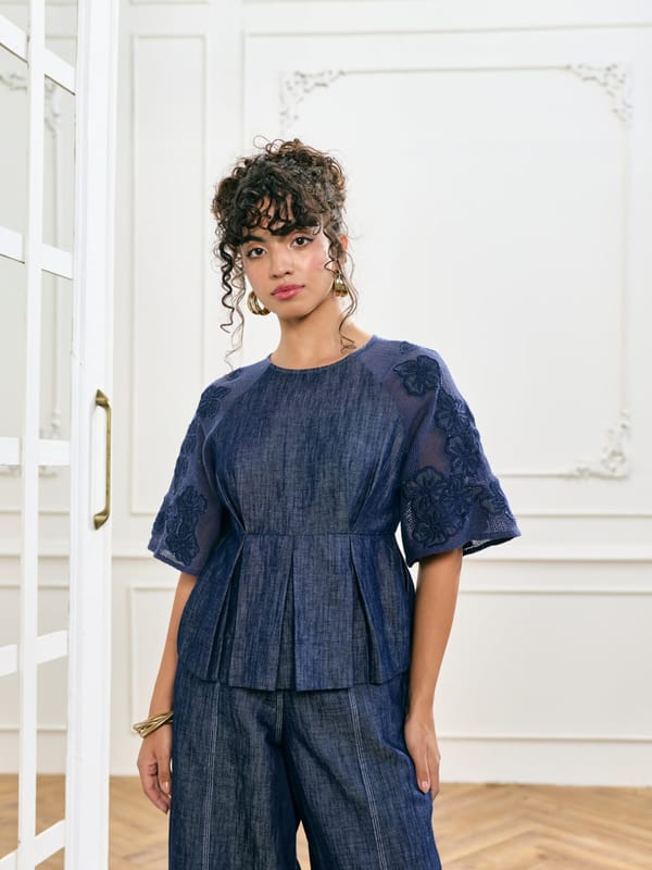 Blue Denim Peplum Top with Embroidered Cutwork Sleeves — Style Island