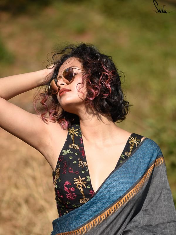 Black Cotton Sleeveless Padded V-Neck Embroidered Blouse — Suta
