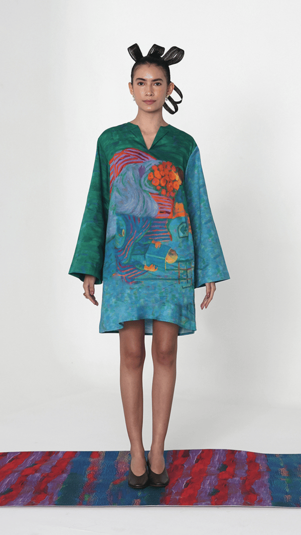 Green/Blue Cotton Satin Art Print A-Line Mini Dress — ART LOV AFFAIR