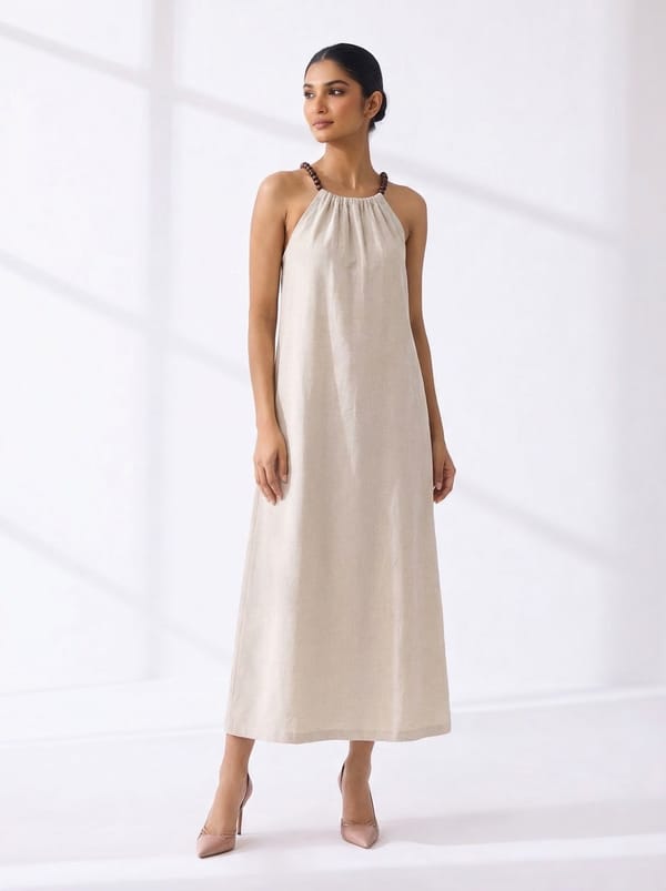 Natural Beige Halter Neck Straight Midi Dress — EFIL