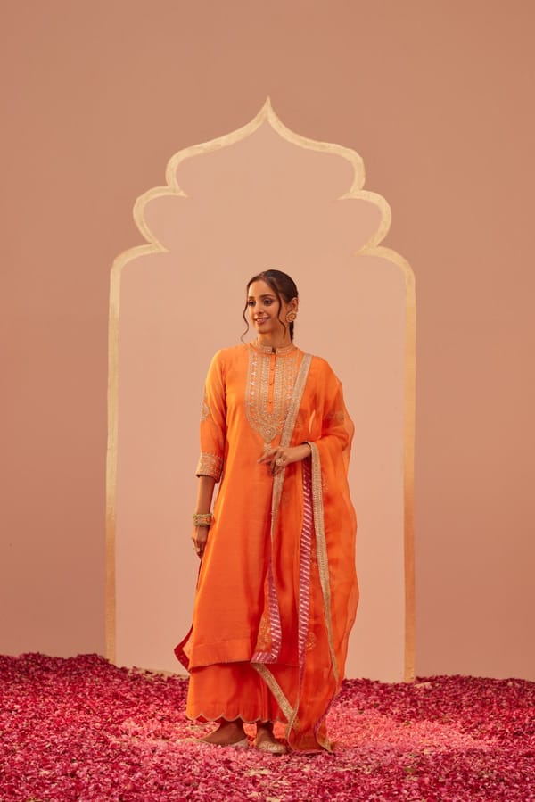 Tangerine Orange Silk Chanderi Kurta Set with Dupatta — Sheetal Batra