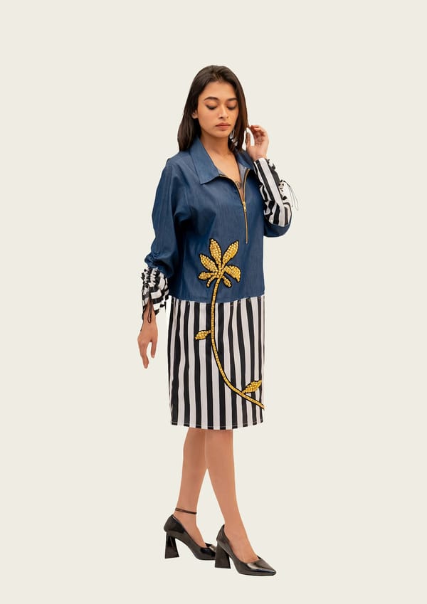 Denim and Stripe Combo Cotton Dress with Embroidery — Richa Goenka
