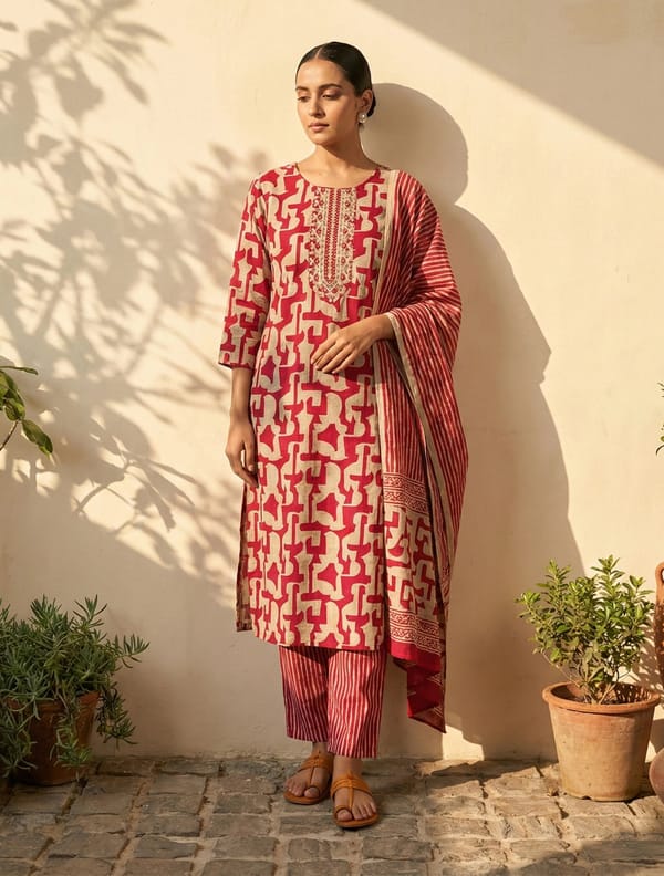 Abstract Print Embroidered Kurta Pant Dupatta Set — Truebrowns