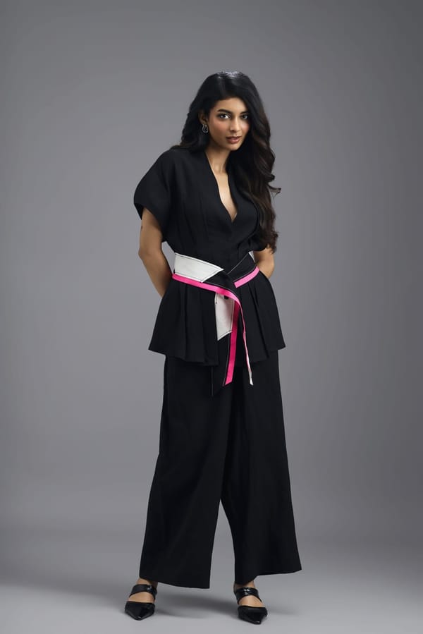 BLACK MEGA SLEEVE TOP AND FLARED PANTS CO-ORD SET — Deepika Arora