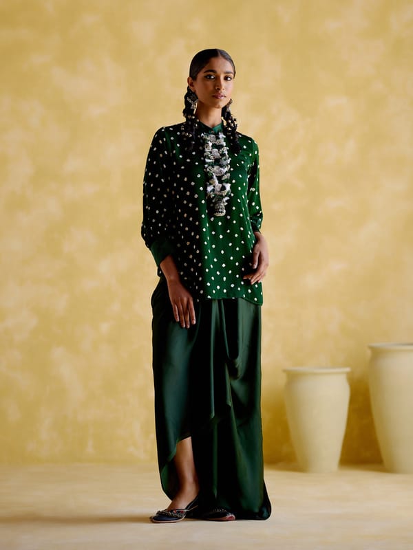 Green Bandhani Print Tunic and Wide-Leg Pant Co-ord Set — 5 Elements