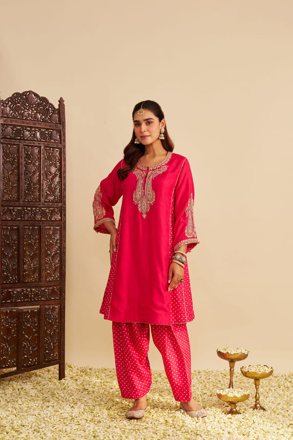 Hotpink Upada Silk Embroidered Kurta Set with Salwar — Sheetal Batra