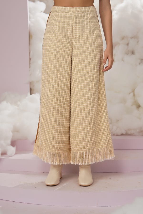 Beige Checked Wide-Leg High-Rise Trousers with Fringe Hem — Chöjé