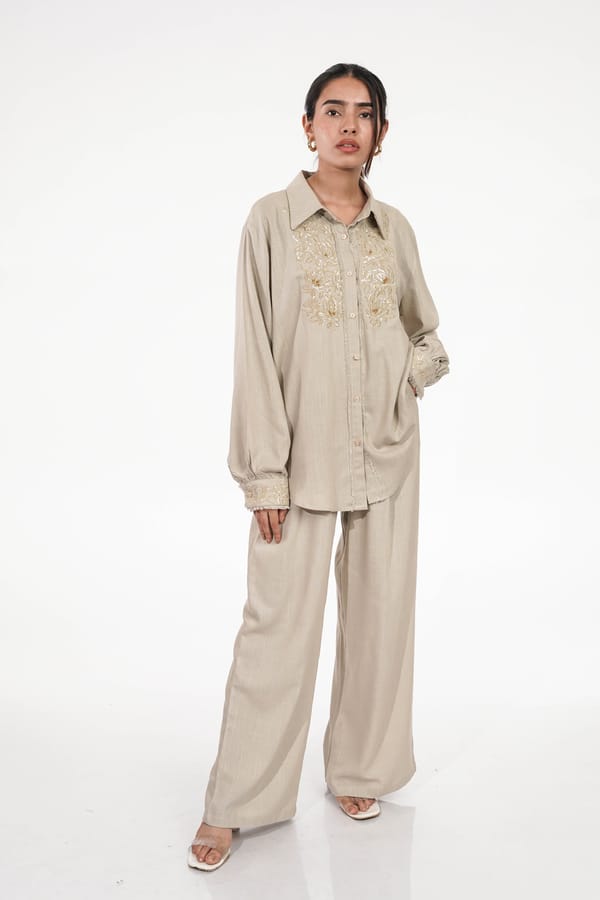 Beige Embroidered Shirt and Wide-Leg Pants Co-ord Set — NO LABELS
