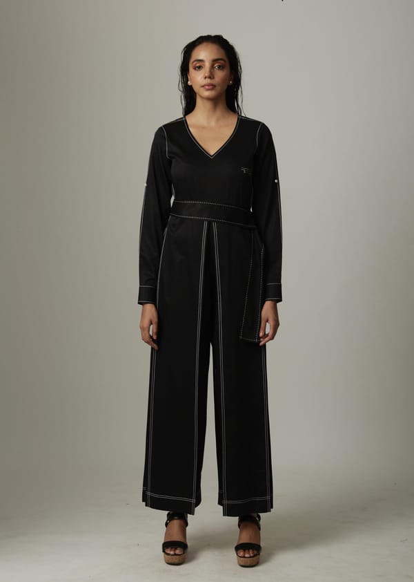 Black Cotton Satin V-Neck Wide-Leg Jumpsuit with Belt — Escape By Aishwarya