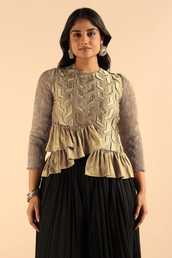 Beige Textured Peplum Top with Asymmetric Ruffle — Pleats by Aruni