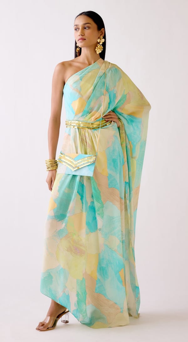Aqua One-Shoulder Printed Maxi Dress — Basanti Kapde aur Koffee
