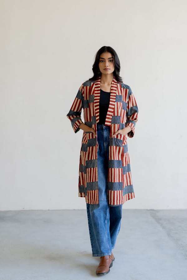Multicolor Striped Longline Open-Front Shrug — Vraj Bhoomi