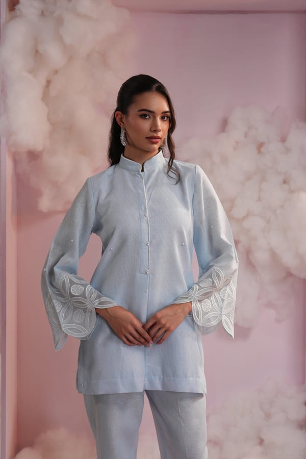Powder Blue Linen Co-ord Set with Bell Sleeve Embroidery — Simar Tuli