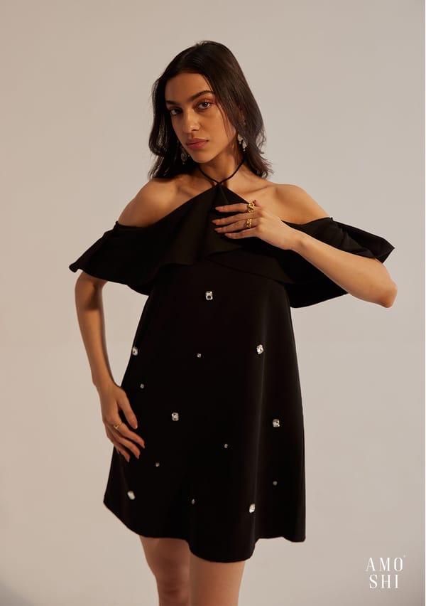 Black Halter Mini Dress with Capelet Ruffle and Rhinestones — AMOSHI