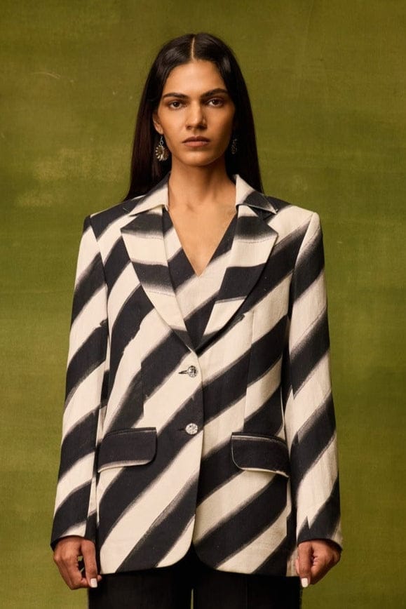 Black and White Diagonal Stripe Linen Blazer — Pocketful Of Cherrie