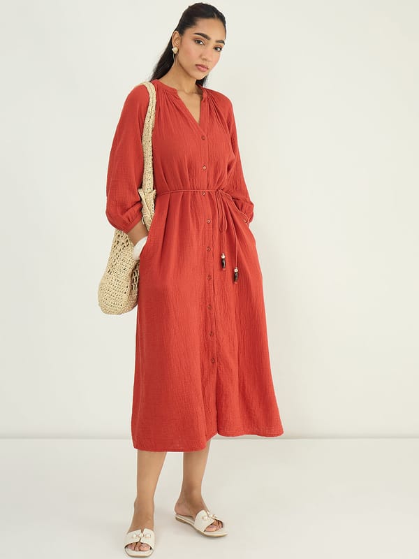 CloudComfort Gauze Rust Midi Dress — Femmella