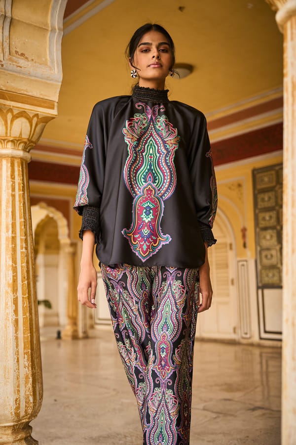 Black Paisley Print Wide-Leg Trousers — Dash and Dot