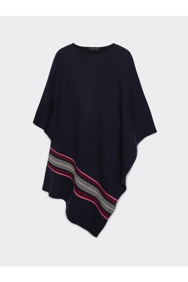 Navy Striped Hem Wool-Blend Poncho Cape — ELENA MIRO