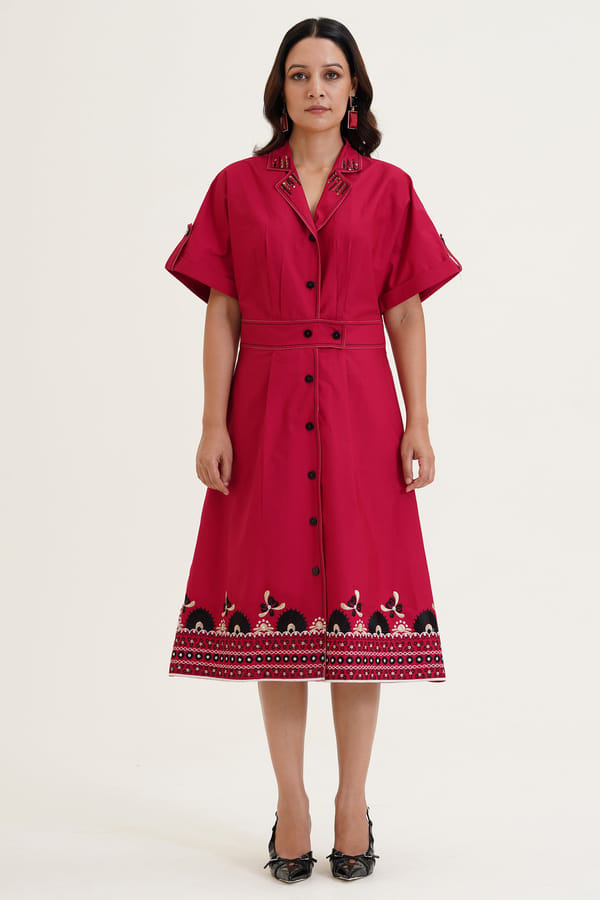 Red Cotton Midi Shirt Dress with Embroidered Hem — STITCH STORIES