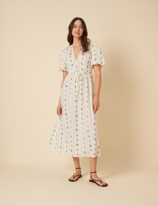 White Floral Fit and Flare Midi Dress with Puff Sleeves — Nobody's Child