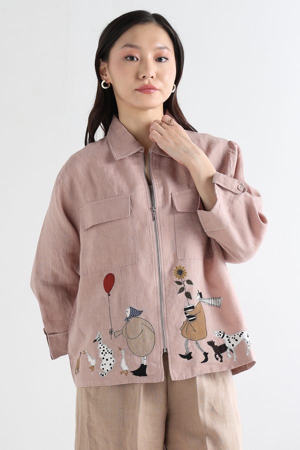 Pink Linen Zip-Front Jacket with Embroidered Motifs — Linen Bloom