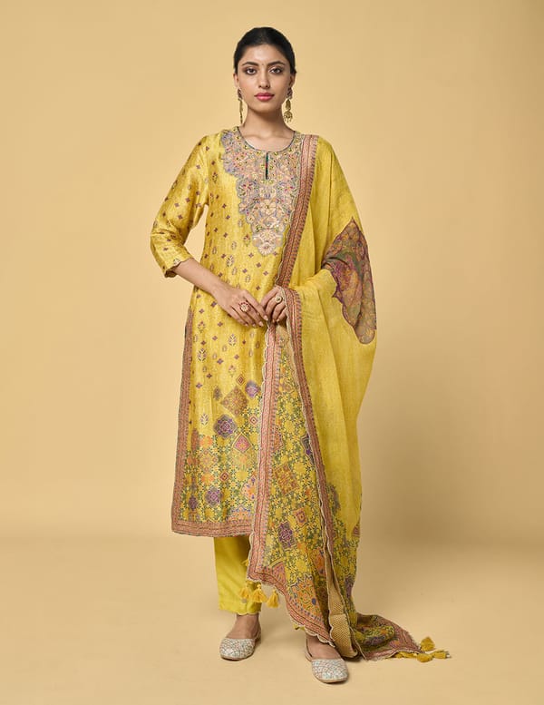 Yellow Printed Straight Kurta Set with Embellished Yoke — SAUNDH