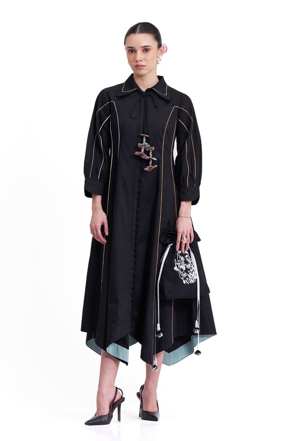 Black Cotton Twill A-Line Midi Shirt Dress — Our Love