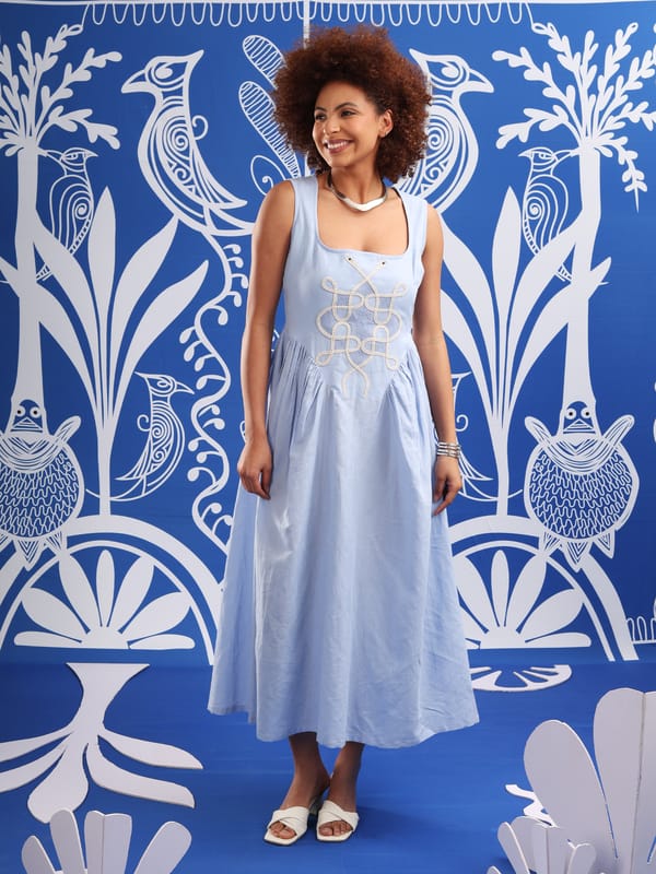 Ice Blue Square Neck Embroidered Fit and Flare Midi Dress — ANISETTE