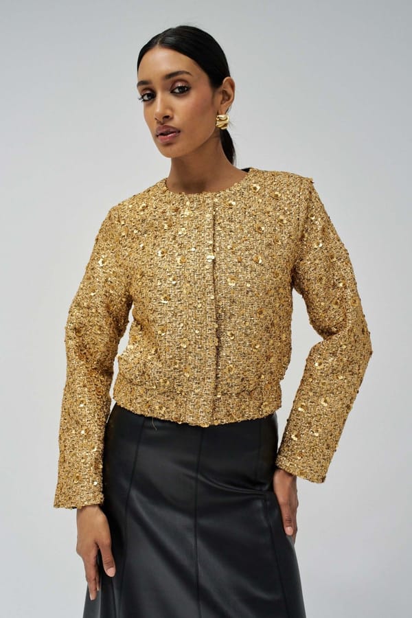 Gold Sequin Cropped Jacket with Round Neck — SALSA JEANS