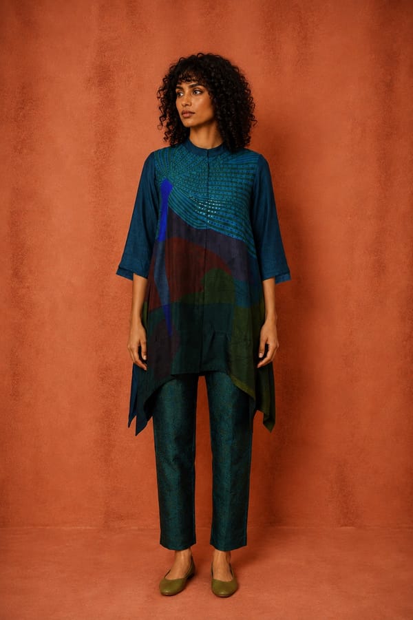 Teal Day Dream Asymmetric Kurta Set — CLOS