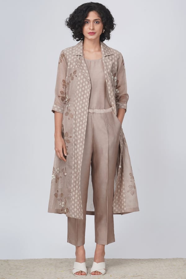 Beige Printed Longline Jacket and Straight Pants Co-ord Set — Arcvsh Pallavi Singh