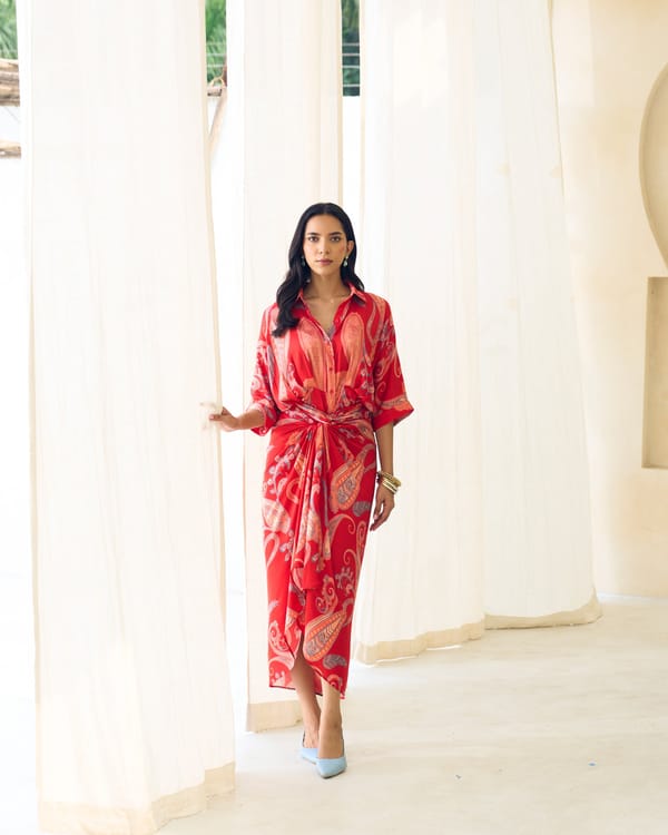 Red Paisley Wrap Midi Dress with Twist-Knot Waist — Houseofsoi