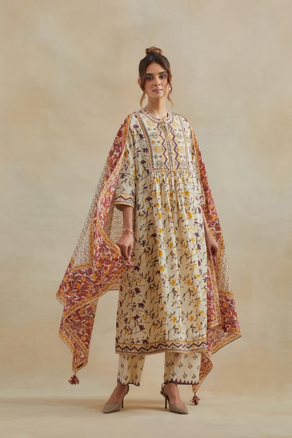 Beige Cotton Kurta Dress Sets — Upavita