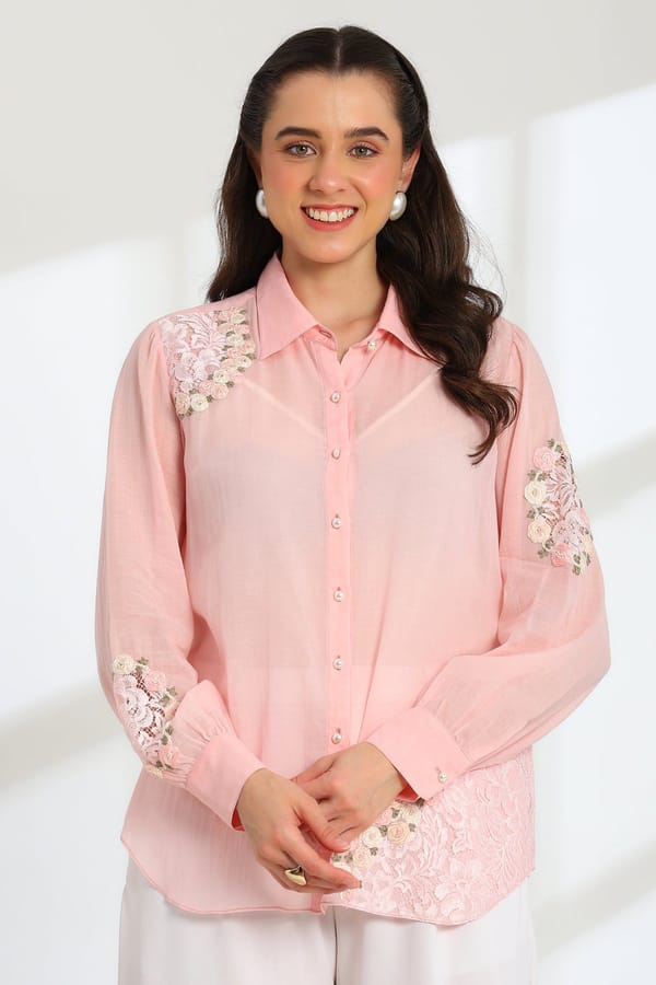 Blush Pink Sheer Mul Chanderi Shirt With Lace Detail — DAREISS