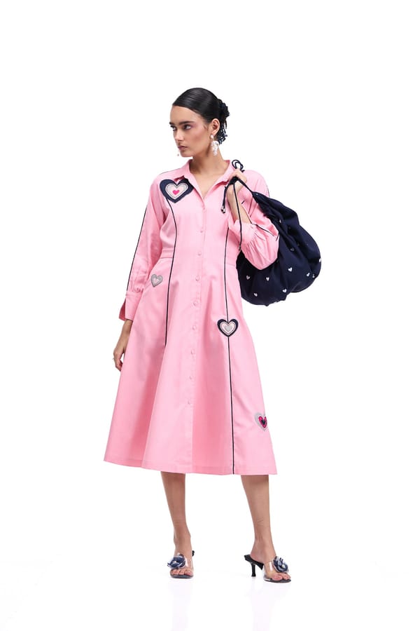 Bubblegum Pink Denim Heart Applique Midi Shirt Dress — Our Love