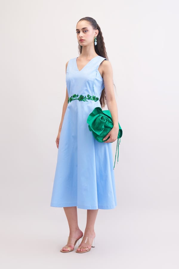 Blueberry Cotton Twill A-Line Midi Dress with Waist Embroidery — Our Love