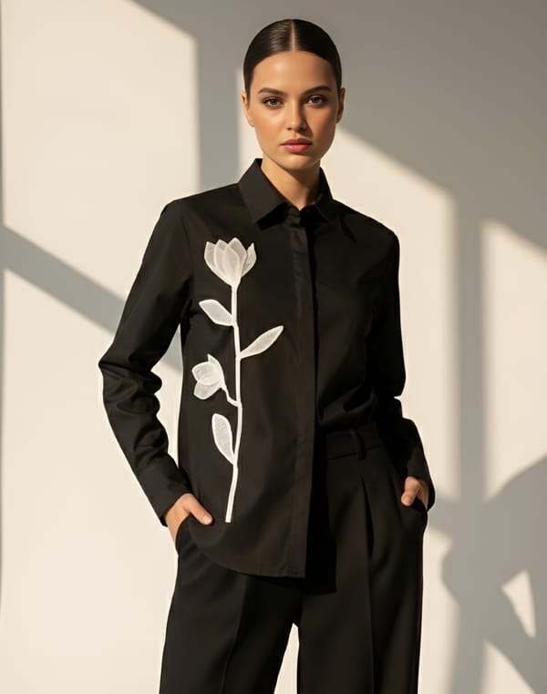Black Cotton Button-Down Shirt with Floral Applique — KIHIKI