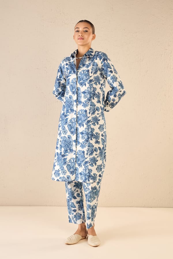 Blue Blossom Cotton Shirt Dress — SHIVANI BHARGAVA