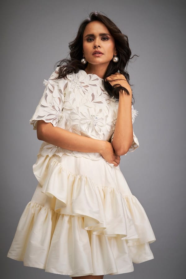 Floral Applique Top With Tiered Ruffled Skirt — Deepika Arora