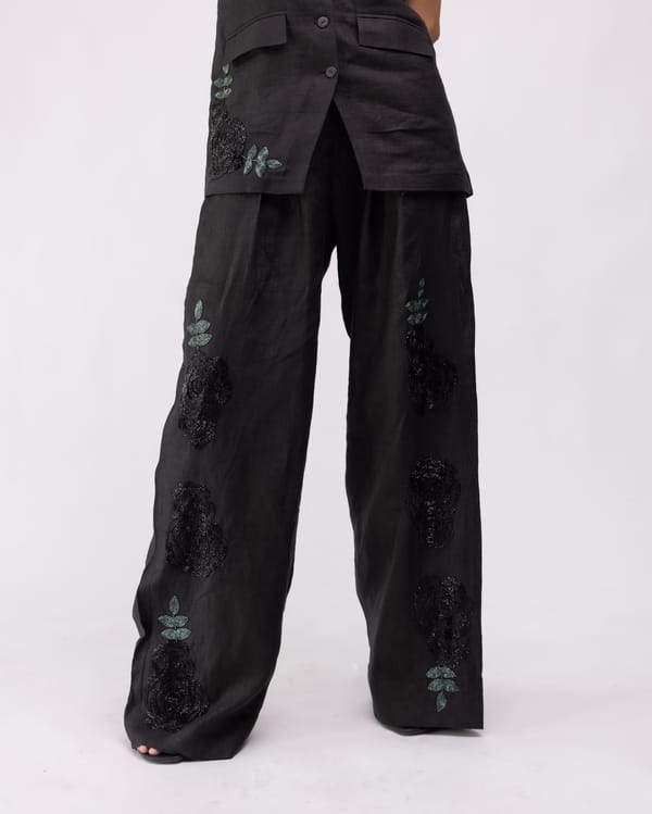 Black High-Waisted Wide-Leg Linen Trousers with Embroidery — MAGIA