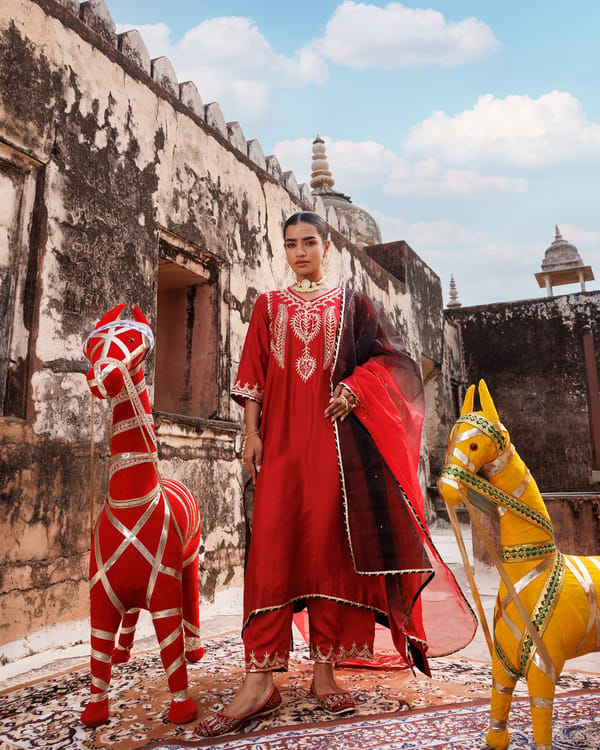 Red Chanderi Kurta Set With Dual-Shaded Dupatta — Bannhi by Priyanka Rathore