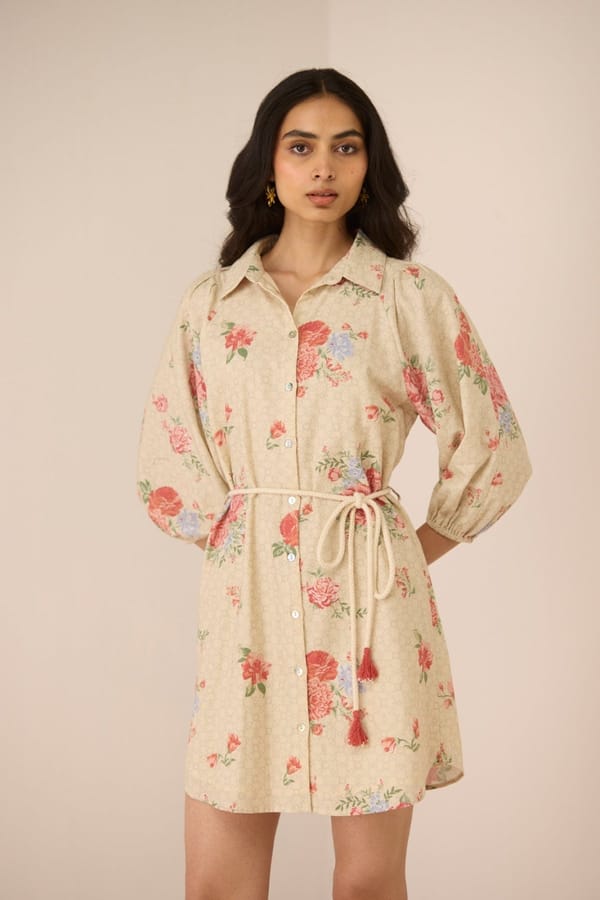Garden Trellis Floral Cotton Linen Mini Shirt Dress — Calling June