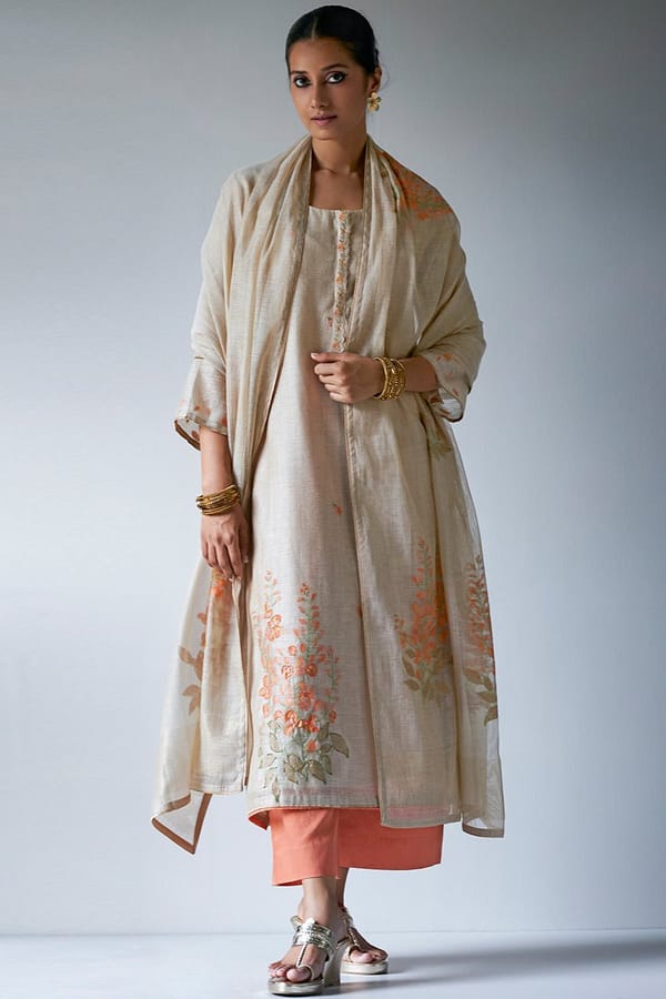 Beige and Saffron Embroidered Kurta Suit Set with Dupatta — Ganga Fashions Pvt Ltd
