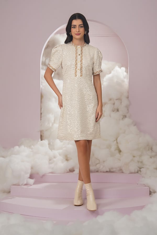 White Sequin Tweed Knee-Length A-Line Dress — Chöjé