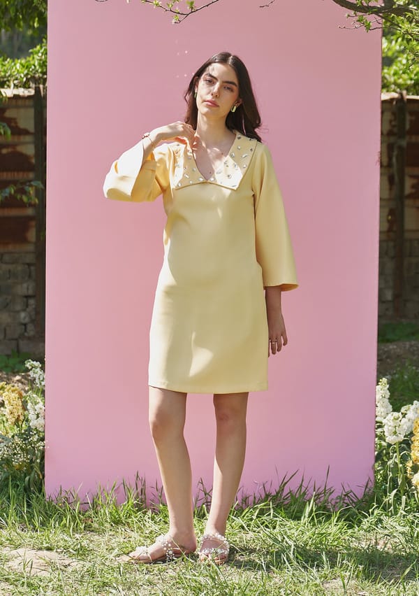 Butter Yellow Crepe Knee-Length Shift Dress with Crystal Collar — AMOSHI