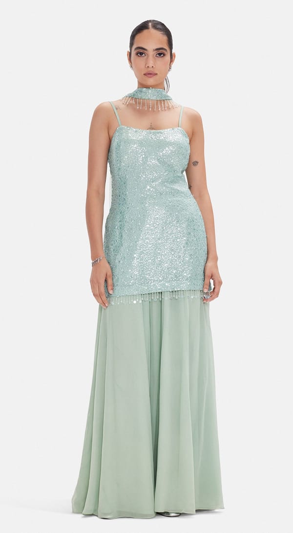 Sea Green Sequin Kurta Sharara Set with Dupatta — Basanti Kapde aur Koffee