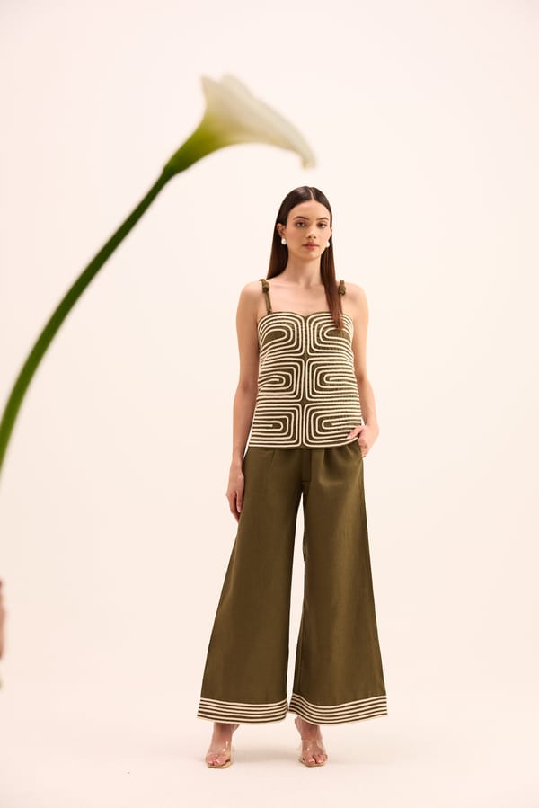 Olive Green Linen Co-ord Set with Geometric Rope Detail — Prink Tonic