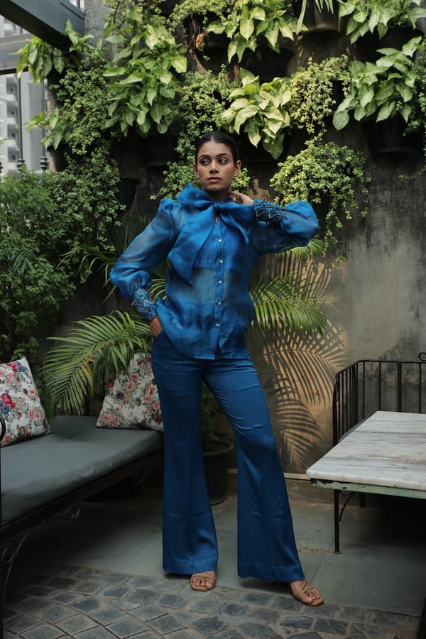 Blue Organza Cape Shirt and Flared Pant Co-ord Set — Isha Sawhney